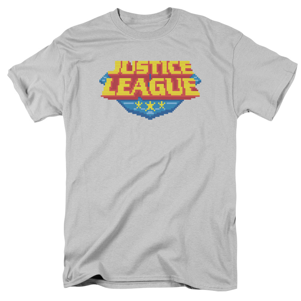 AN OFFCIALLY LICENSED JLA 8 BIT LOGO MEN'S REGULAR FIT T-SHIRT SILVER