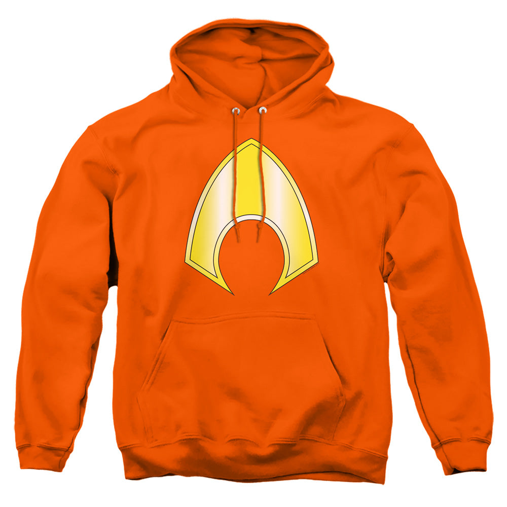 AN OFFCIALLY LICENSED JLA AQUAMAN LOGO ADULT UNISEX PULLOVER HOODIE ORANGE
