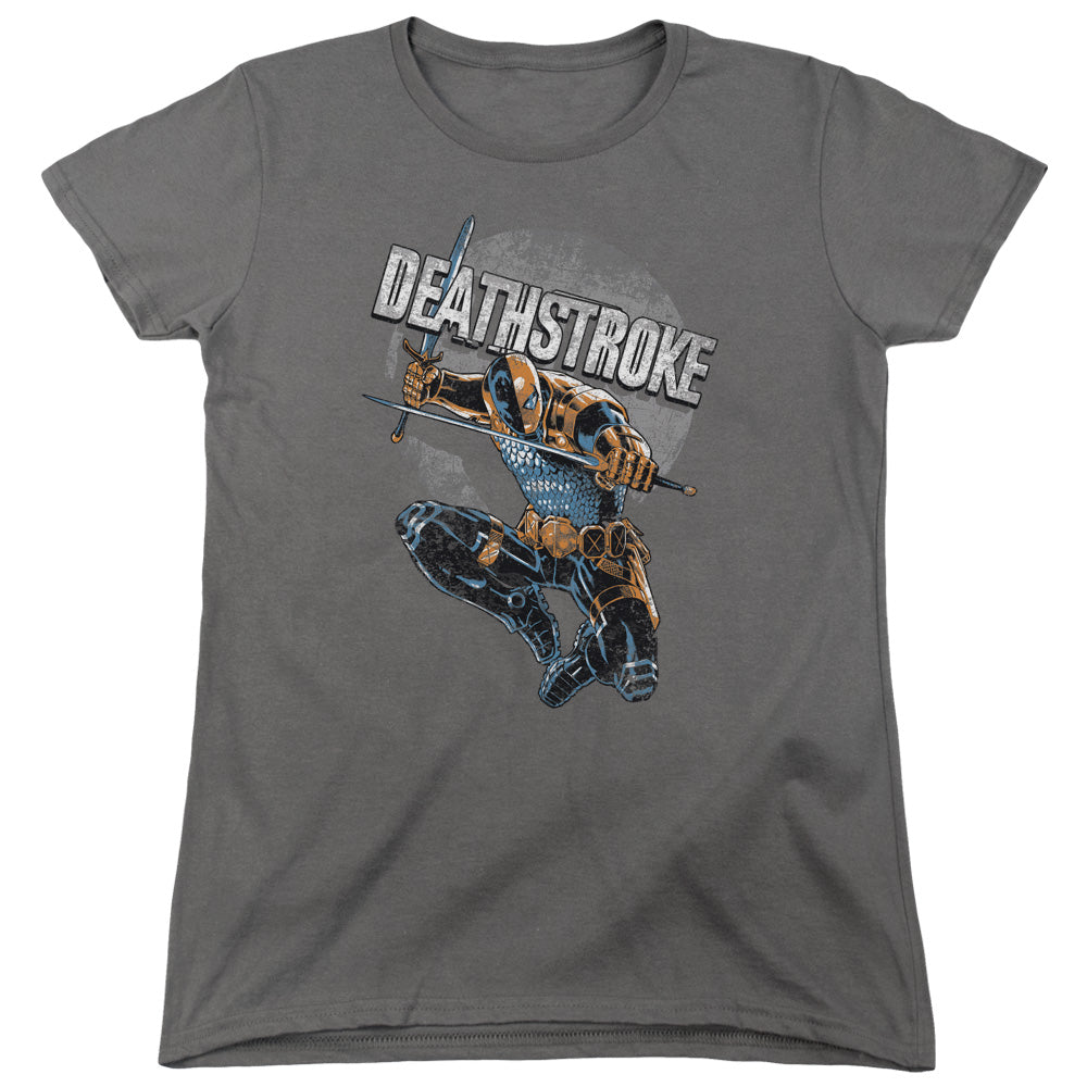 AN OFFCIALLY LICENSED JLA DEATHSTROKE RETRO WOMEN'S REGULAR FIT T-SHIRT CHARCOAL