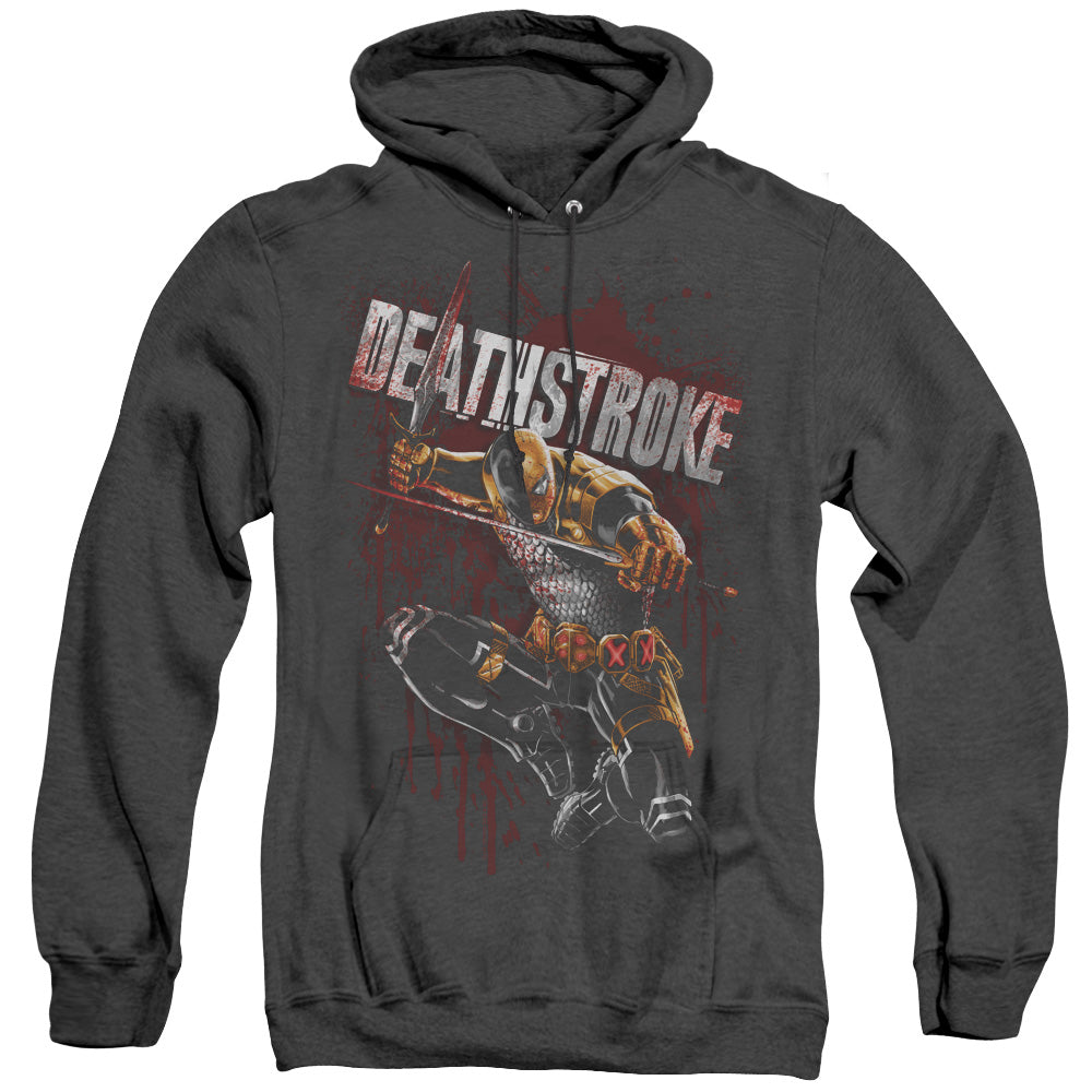 AN OFFCIALLY LICENSED JLA BLOOD SPLATTERED ADULT UNISEX HEATHER PULLOVER HOODIE BLACK