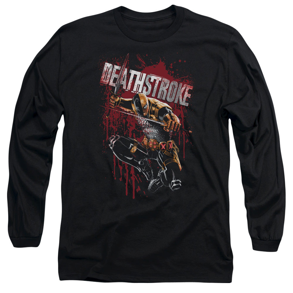 AN OFFCIALLY LICENSED JLA BLOOD SPLATTERED MEN'S LONG SLEEVE T-SHIRT BLACK