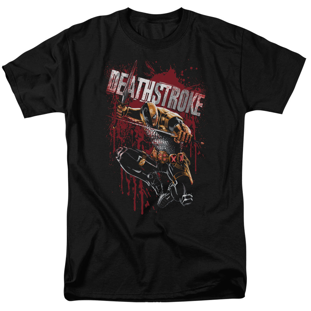 AN OFFCIALLY LICENSED JLA BLOOD SPLATTERED MEN'S REGULAR FIT T-SHIRT BLACK