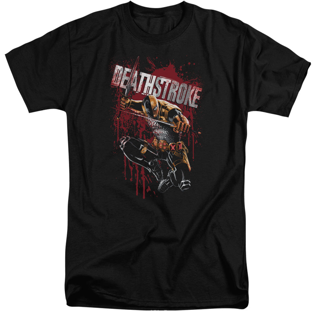 AN OFFCIALLY LICENSED JLA BLOOD SPLATTERED MEN'S TALL FIT T-SHIRT BLACK