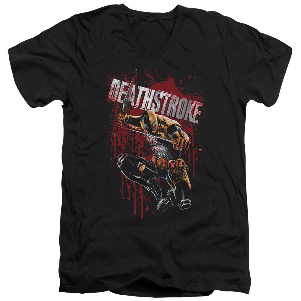 AN OFFCIALLY LICENSED JLA BLOOD SPLATTERED MEN'S V-NECK T-SHIRT BLACK