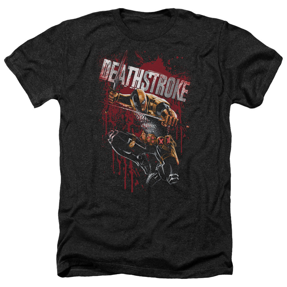 AN OFFCIALLY LICENSED JLA BLOOD SPLATTERED MEN'S HEATHER T-SHIRT CHARCOAL