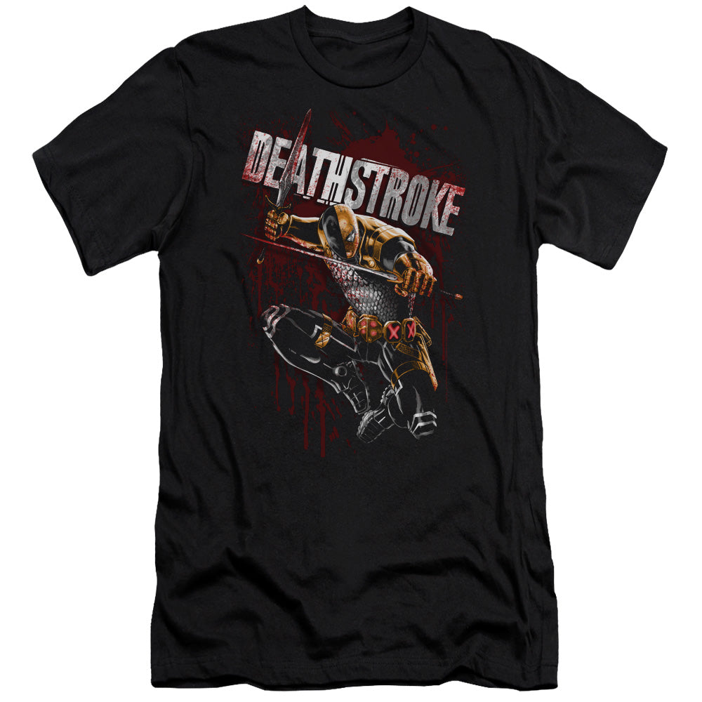 AN OFFCIALLY LICENSED JLA BLOOD SPLATTERED MEN'S PREMIUM SLIM FIT T-SHIRT BLACK