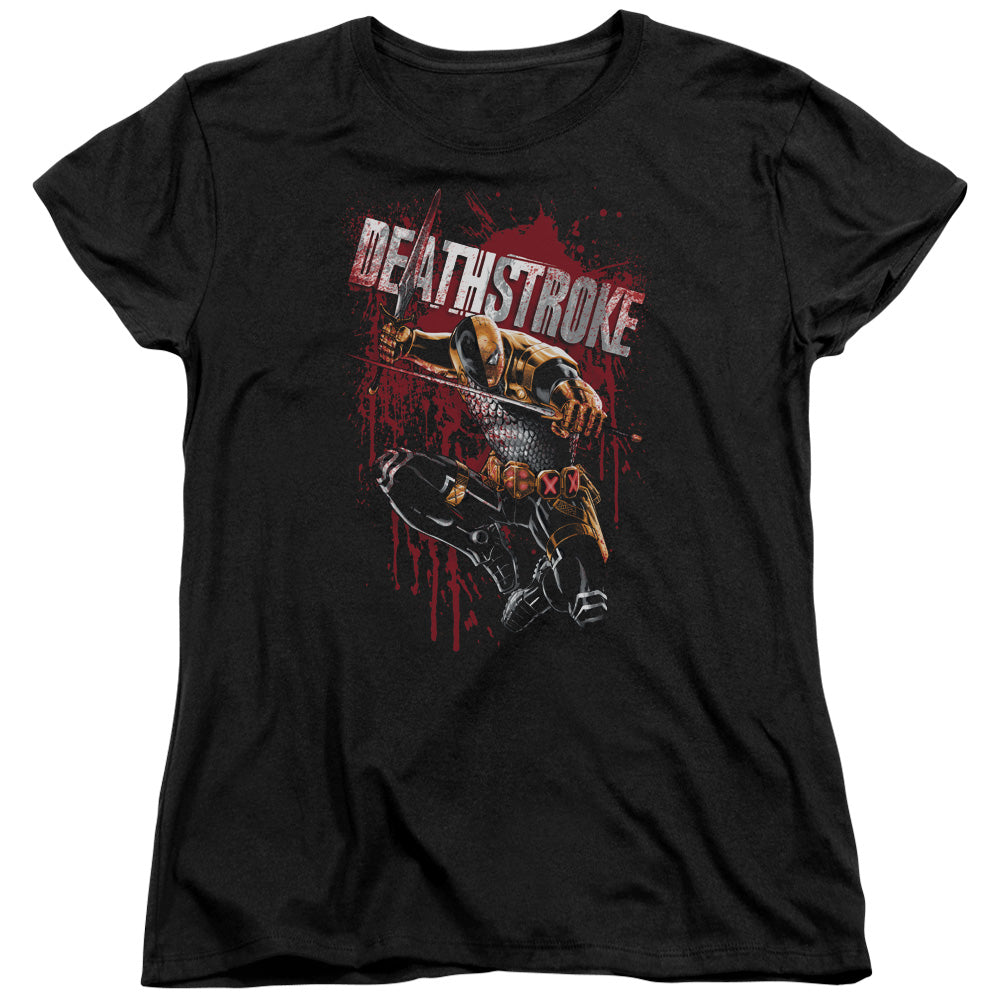 AN OFFCIALLY LICENSED JLA BLOOD SPLATTERED WOMEN'S REGULAR FIT T-SHIRT BLACK