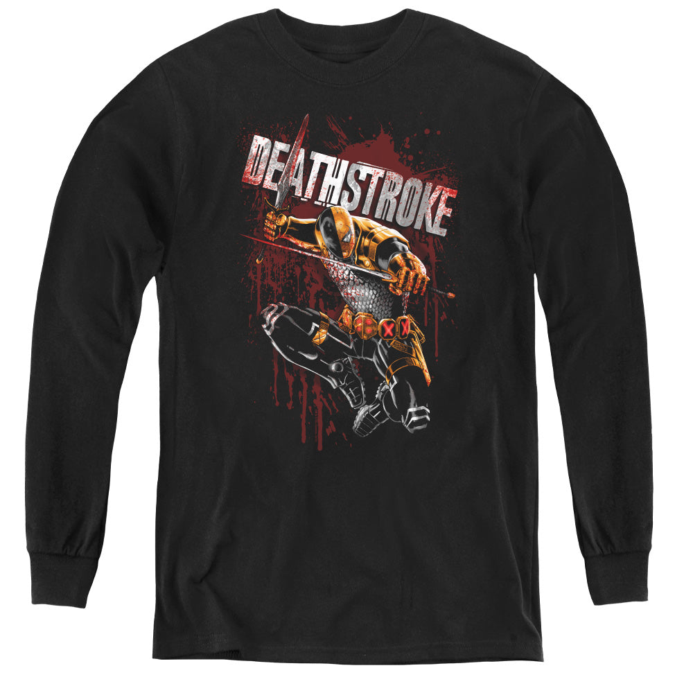 AN OFFCIALLY LICENSED JLA BLOOD SPLATTERED YOUTH LONG SLEEVE T-SHIRT BLACK