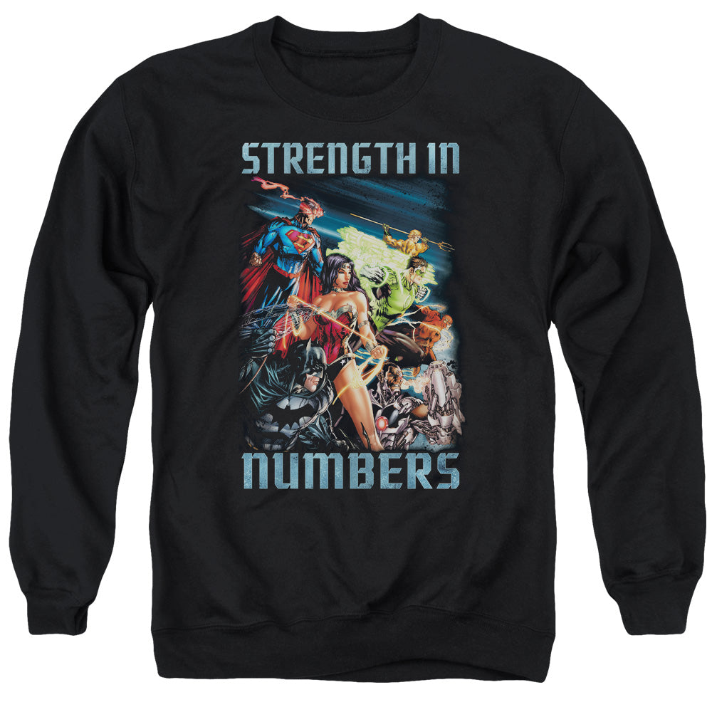 AN OFFCIALLY LICENSED JLA STRENGTH IN NUMBER ADULT UNISEX CREWNECK SWEATSHIRT BLACK