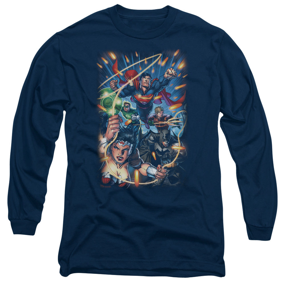 AN OFFCIALLY LICENSED JLA UNDER ATTACK MEN'S LONG SLEEVE T-SHIRT NAVY