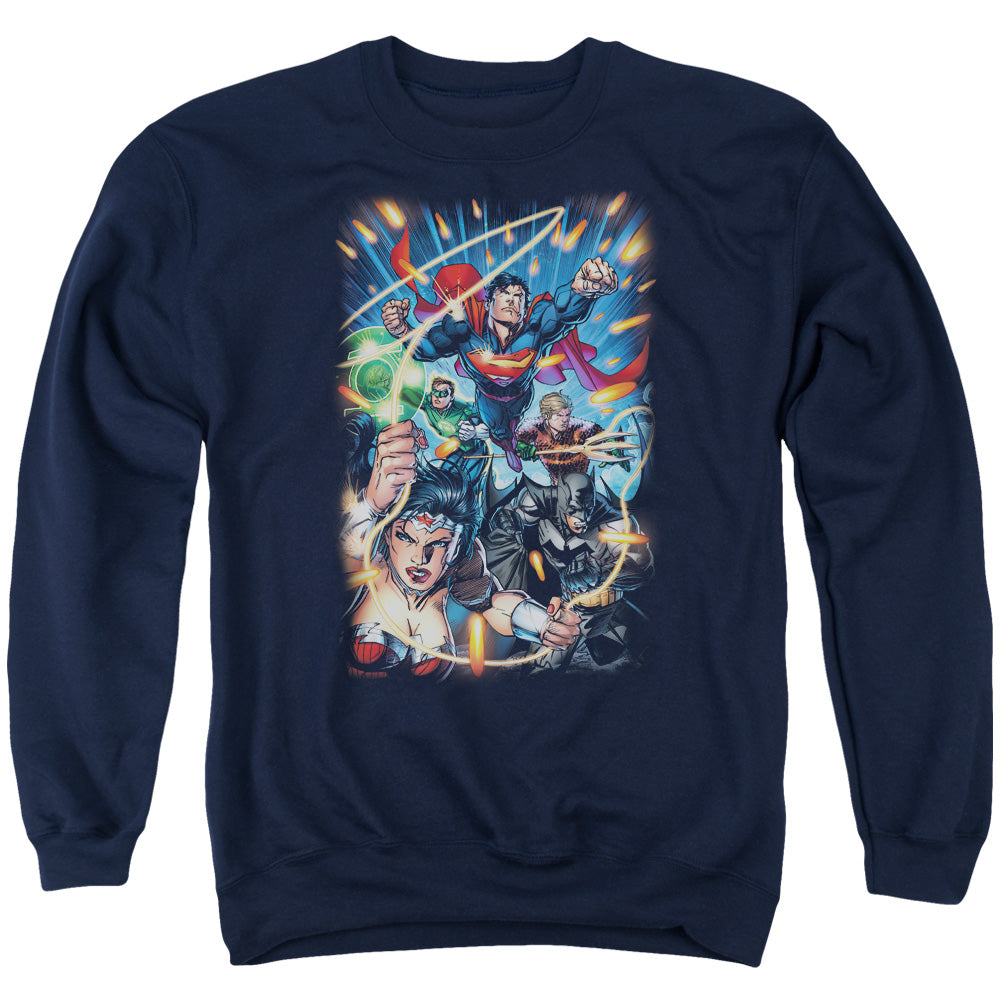 AN OFFCIALLY LICENSED JLA UNDER ATTACK ADULT UNISEX CREWNECK SWEATSHIRT NAVY