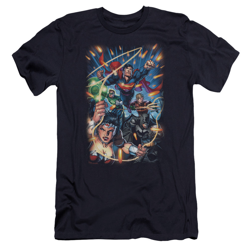 AN OFFCIALLY LICENSED JLA UNDER ATTACK MEN'S PREMIUM SLIM FIT T-SHIRT NAVY