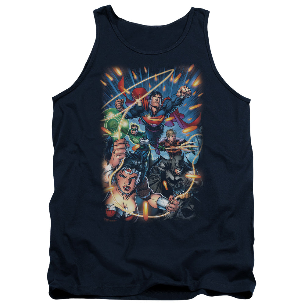 AN OFFCIALLY LICENSED JLA UNDER ATTACK ADULT UNISEX TANK TOP NAVY
