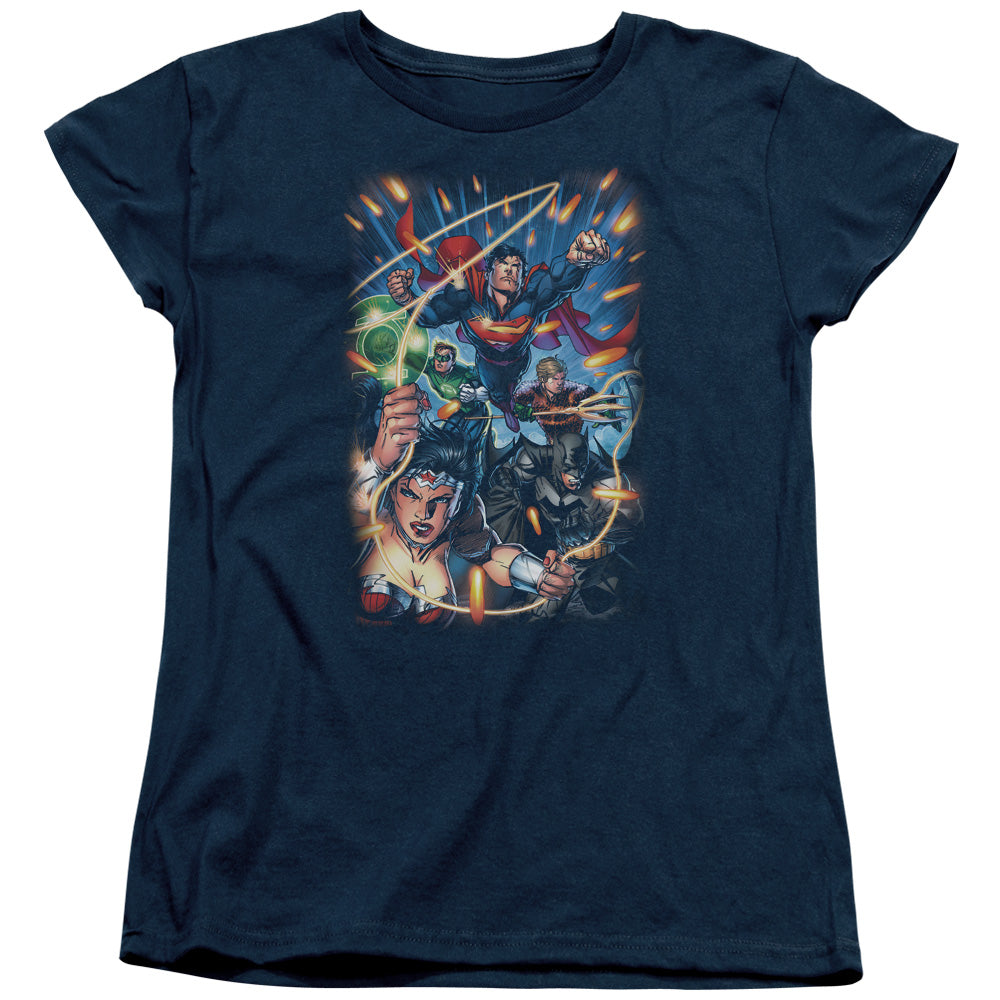 AN OFFCIALLY LICENSED JLA UNDER ATTACK WOMEN'S REGULAR FIT T-SHIRT NAVY
