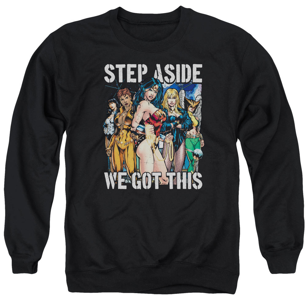 AN OFFCIALLY LICENSED JLA HEROINES ADULT UNISEX CREWNECK SWEATSHIRT BLACK