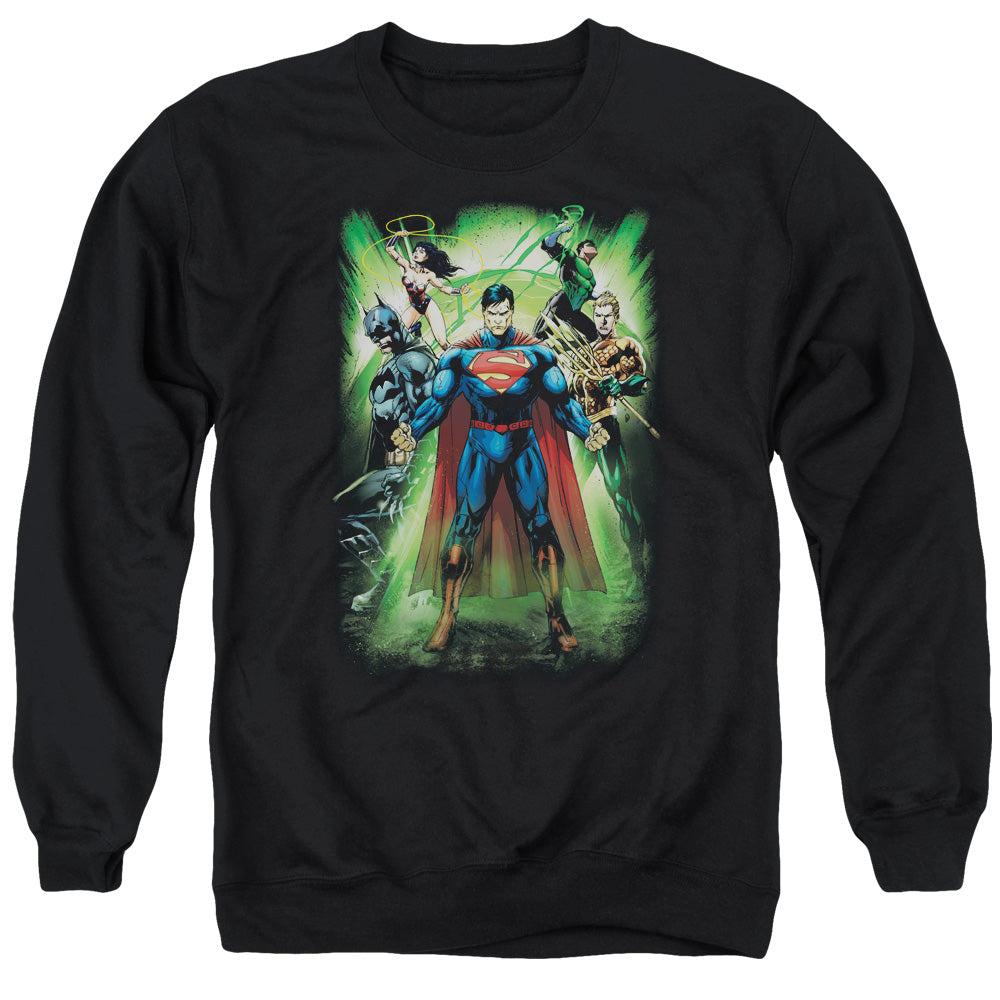 AN OFFCIALLY LICENSED JLA POWER BURST ADULT UNISEX CREWNECK SWEATSHIRT BLACK