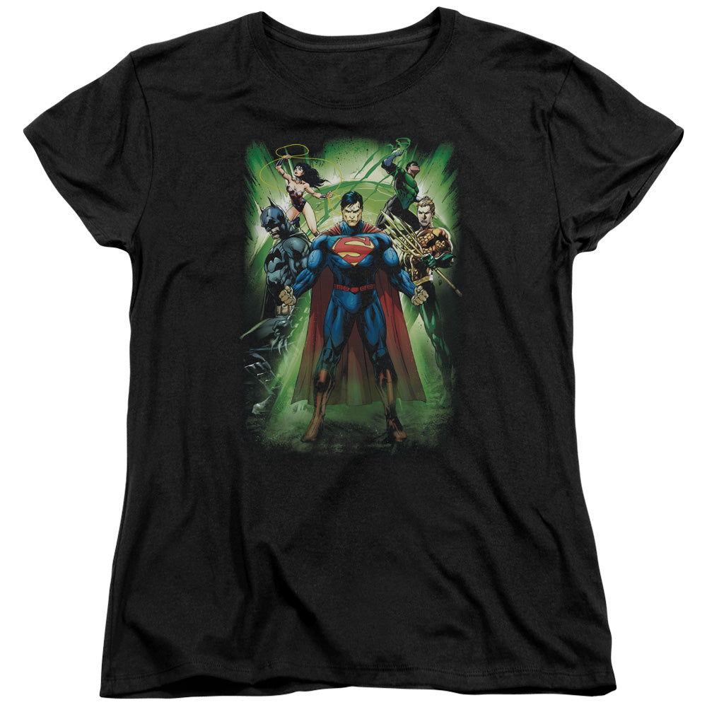 AN OFFCIALLY LICENSED JLA POWER BURST WOMEN'S REGULAR FIT T-SHIRT BLACK