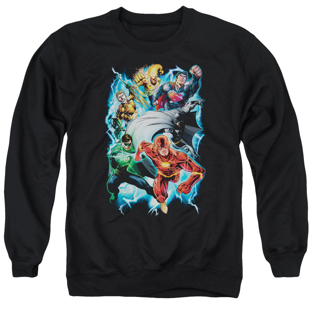AN OFFCIALLY LICENSED JLA ELECTRIC TEAM ADULT UNISEX CREWNECK SWEATSHIRT BLACK