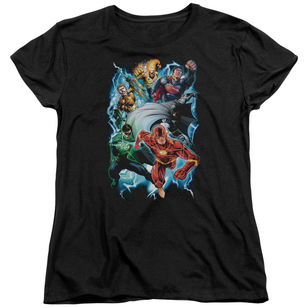 AN OFFCIALLY LICENSED JLA ELECTRIC TEAM WOMEN'S REGULAR FIT T-SHIRT BLACK