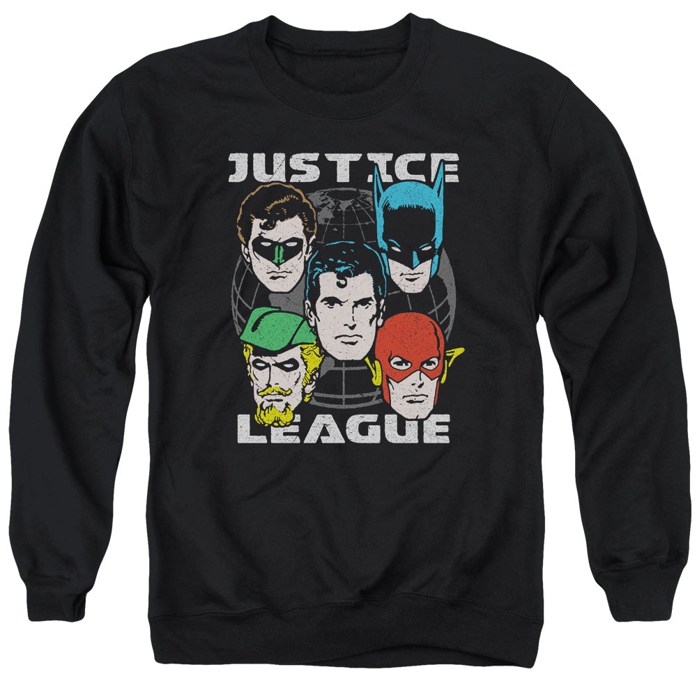 AN OFFCIALLY LICENSED JLA HEAD OF STATES ADULT UNISEX CREWNECK SWEATSHIRT BLACK