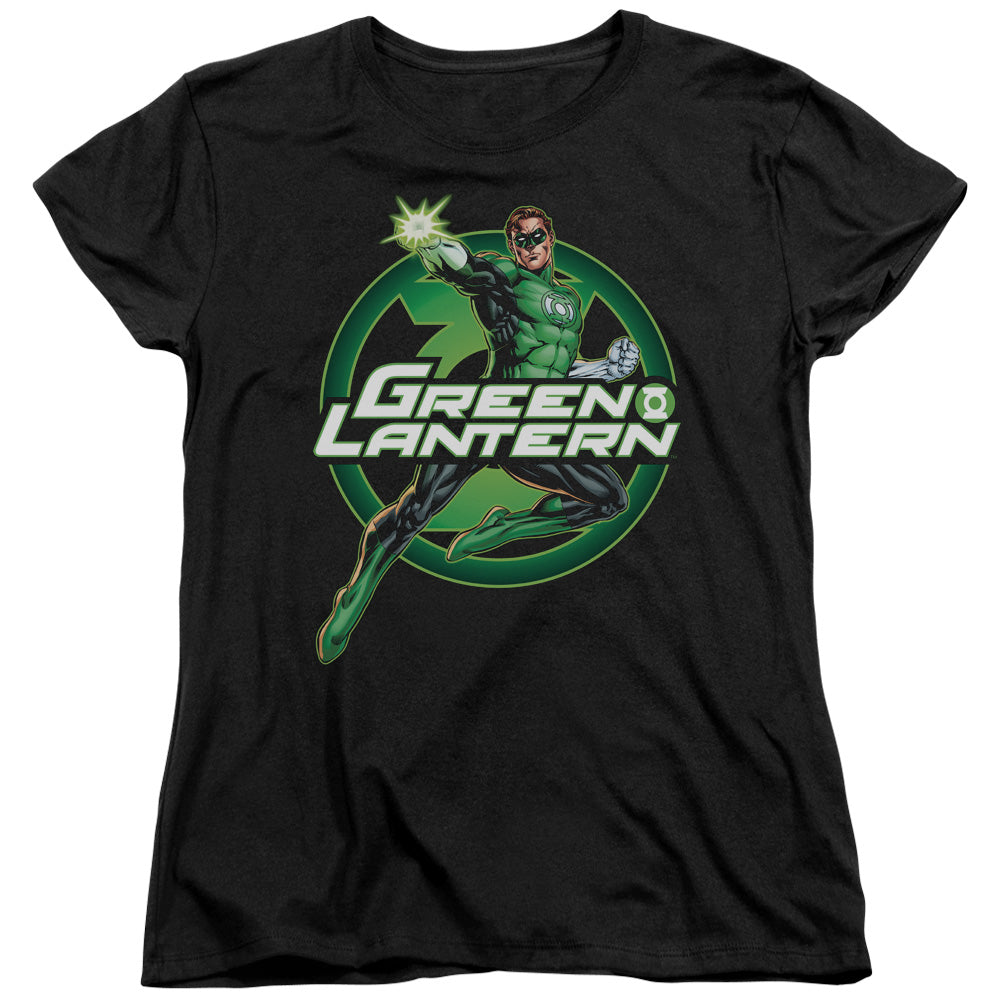 AN OFFCIALLY LICENSED JLA LANTERN GLOW WOMEN'S REGULAR FIT T-SHIRT BLACK