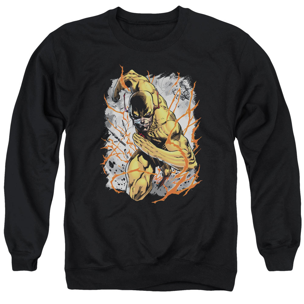 AN OFFCIALLY LICENSED JLA REVERSED ADULT UNISEX CREWNECK SWEATSHIRT BLACK