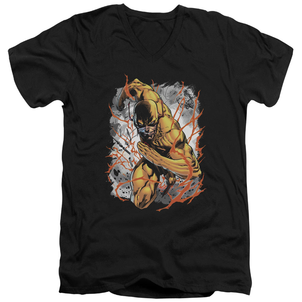 AN OFFCIALLY LICENSED JLA REVERSED MEN'S V-NECK T-SHIRT BLACK