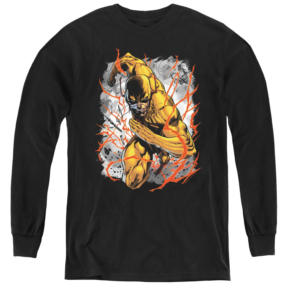 AN OFFCIALLY LICENSED JLA REVERSED YOUTH LONG SLEEVE T-SHIRT BLACK