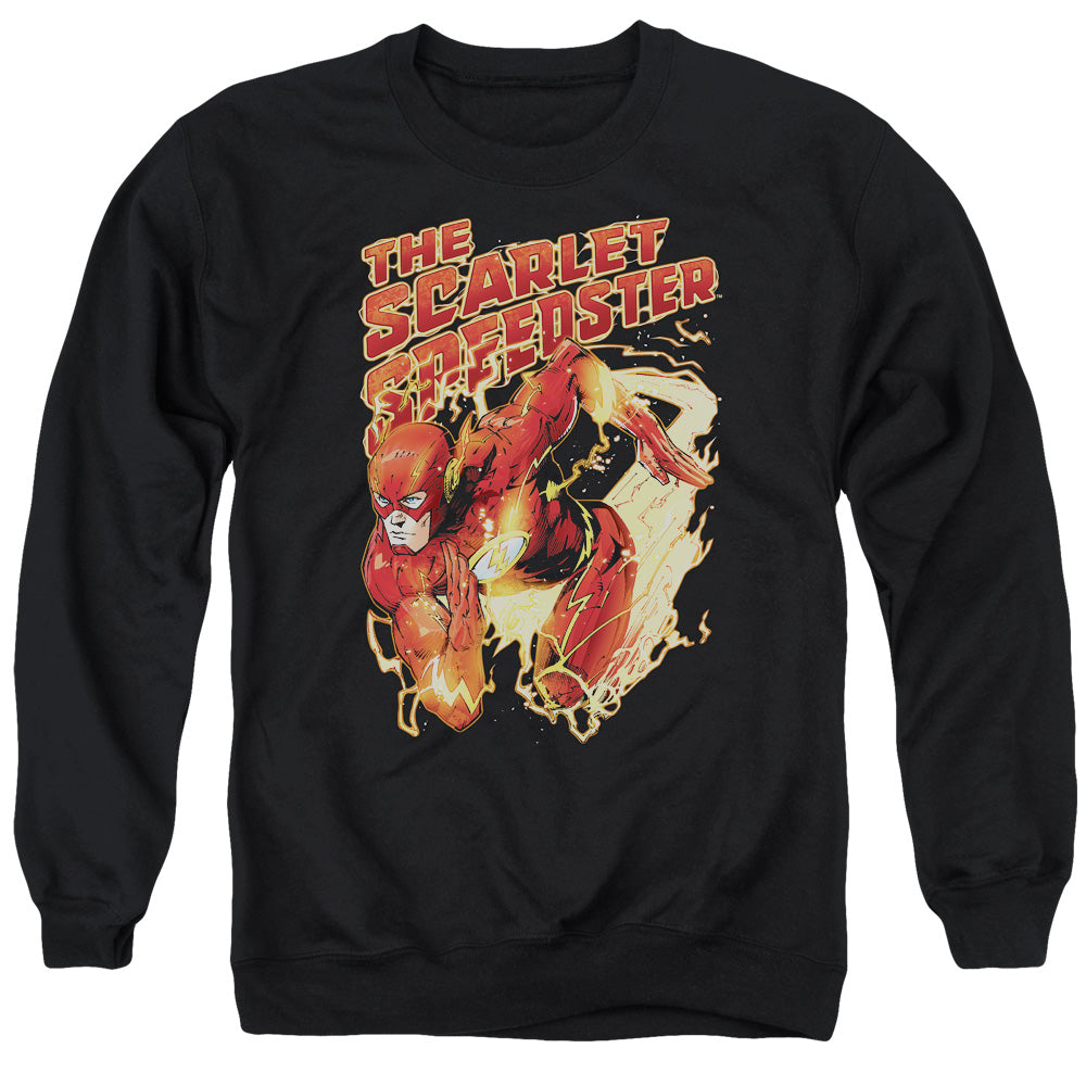 AN OFFCIALLY LICENSED JLA SCARLET SPEEDSTER ADULT UNISEX CREWNECK SWEATSHIRT BLACK