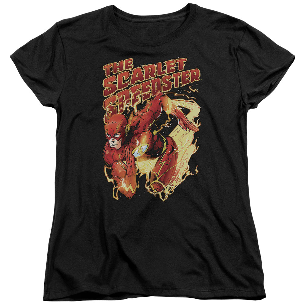 AN OFFCIALLY LICENSED JLA SCARLET SPEEDSTER WOMEN'S REGULAR FIT T-SHIRT BLACK