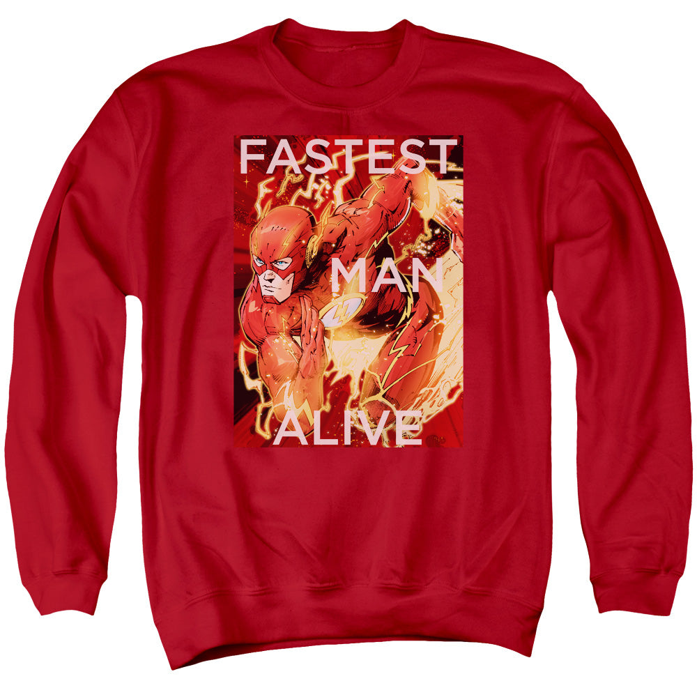 AN OFFCIALLY LICENSED JLA FASTEST MAN ALIVE ADULT UNISEX CREWNECK SWEATSHIRT RED