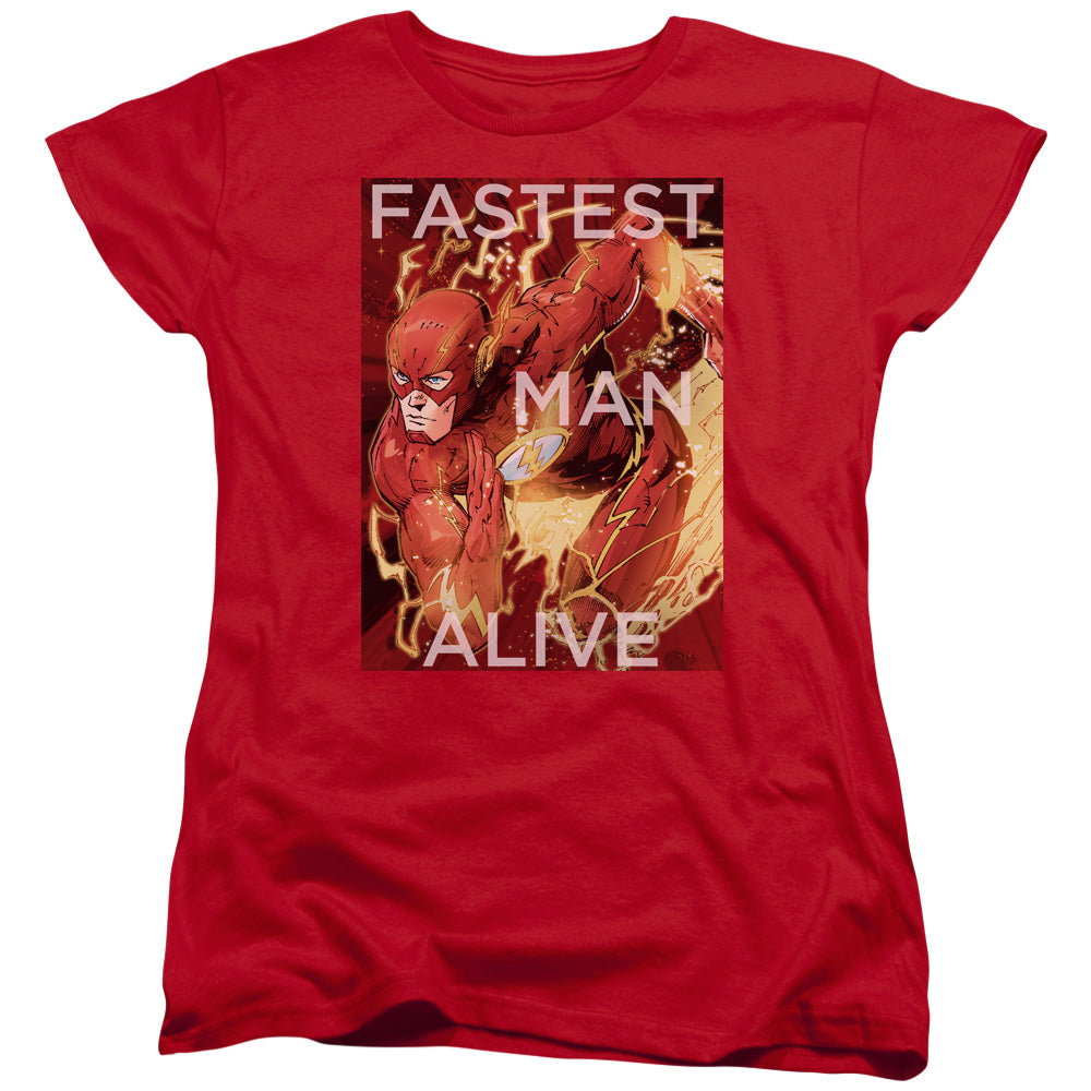AN OFFCIALLY LICENSED JLA FASTEST MAN ALIVE WOMEN'S REGULAR FIT T-SHIRT RED