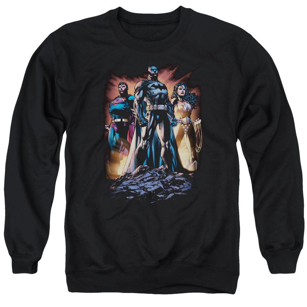 AN OFFCIALLY LICENSED JLA TAKE A STAND ADULT UNISEX CREWNECK SWEATSHIRT BLACK