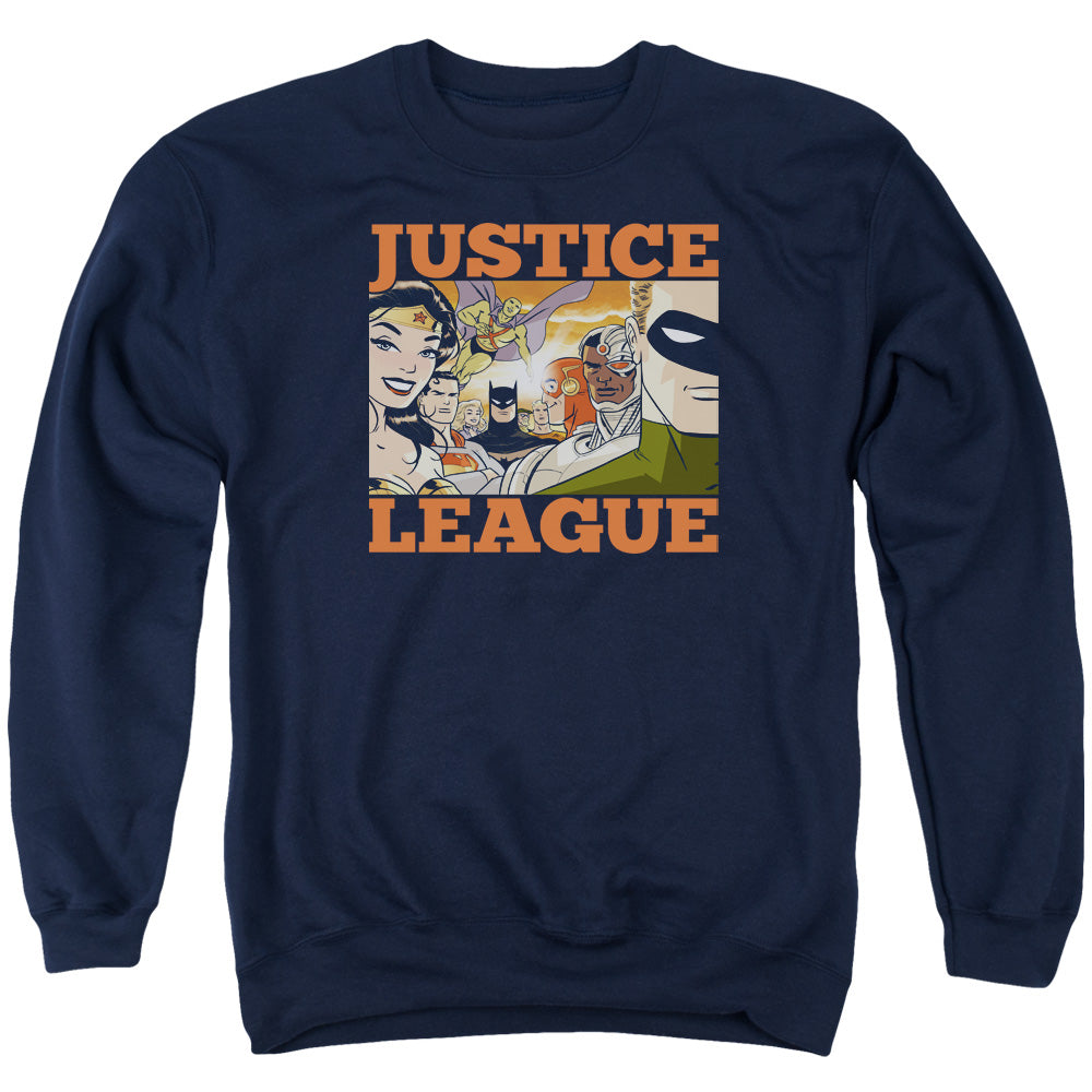 AN OFFCIALLY LICENSED JLA NEW DAWN GROUP ADULT UNISEX CREWNECK SWEATSHIRT NAVY