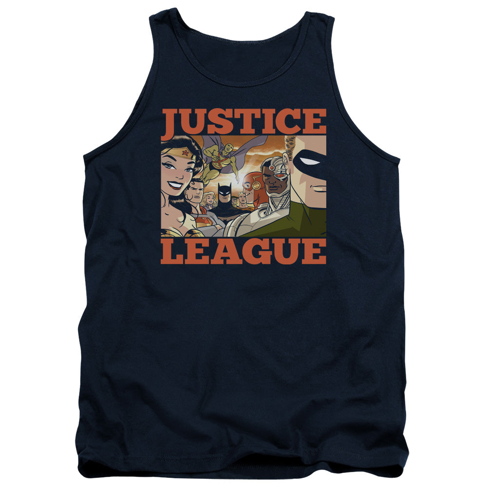 AN OFFCIALLY LICENSED JLA NEW DAWN GROUP ADULT UNISEX TANK TOP NAVY