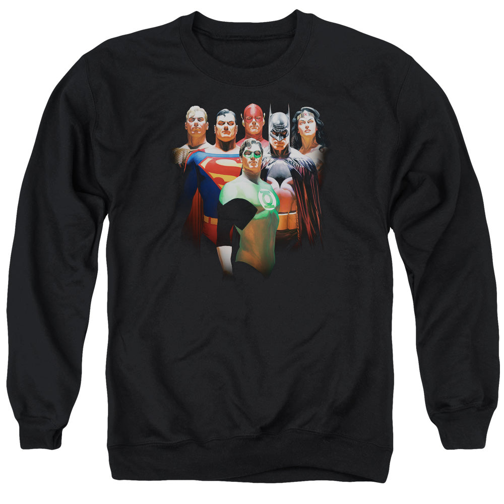 AN OFFCIALLY LICENSED JLA ROLL CALL ADULT UNISEX CREWNECK SWEATSHIRT BLACK