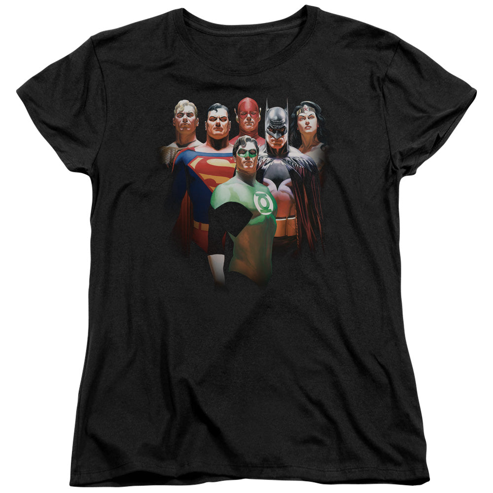 AN OFFCIALLY LICENSED JLA ROLL CALL WOMEN'S REGULAR FIT T-SHIRT BLACK