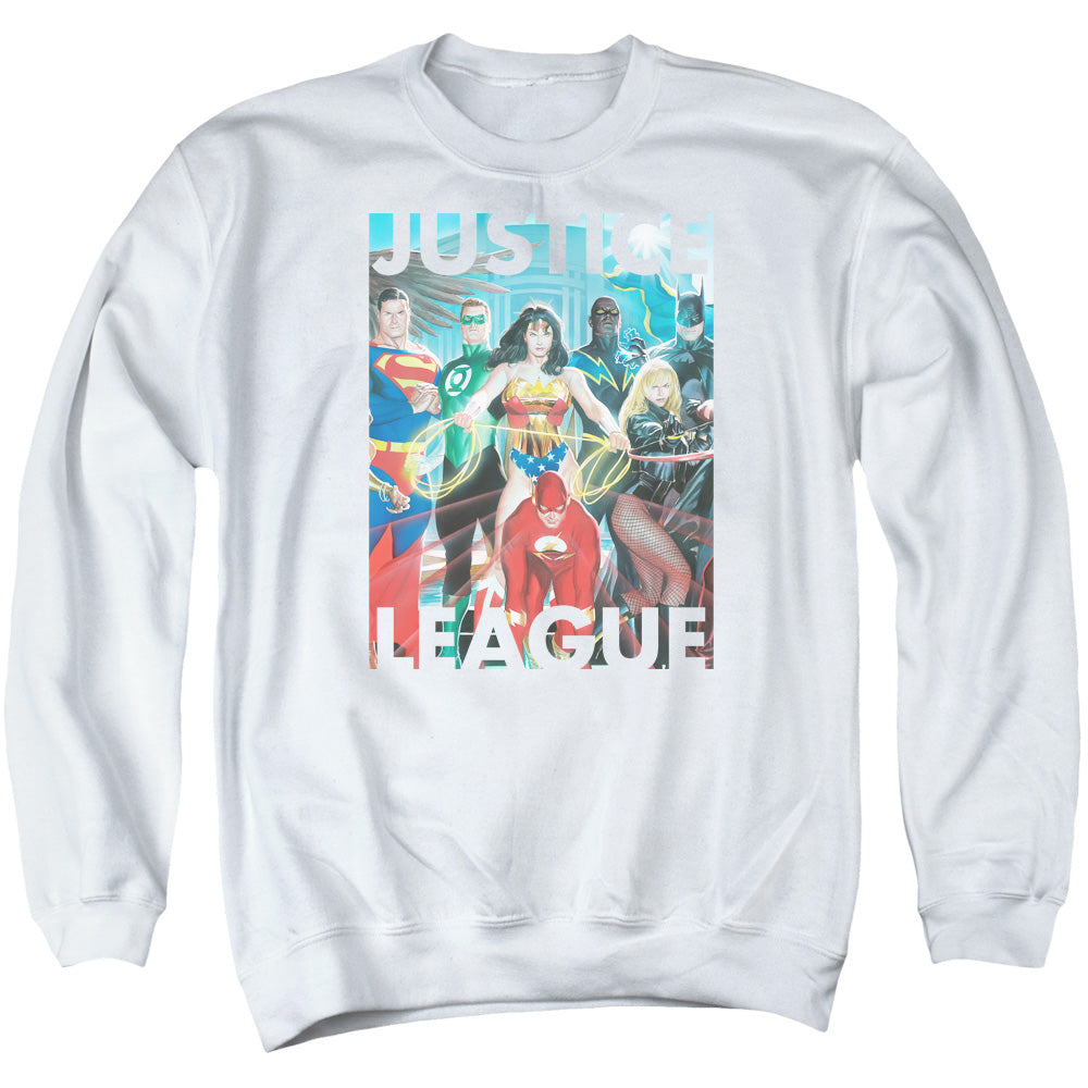 AN OFFCIALLY LICENSED JLA HALL OF JUSTICE ADULT UNISEX CREWNECK SWEATSHIRT WHITE
