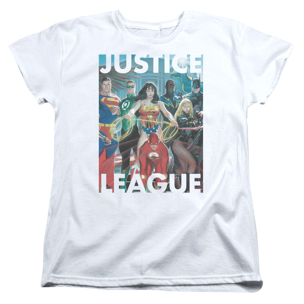 AN OFFCIALLY LICENSED JLA HALL OF JUSTICE WOMEN'S REGULAR FIT T-SHIRT WHITE