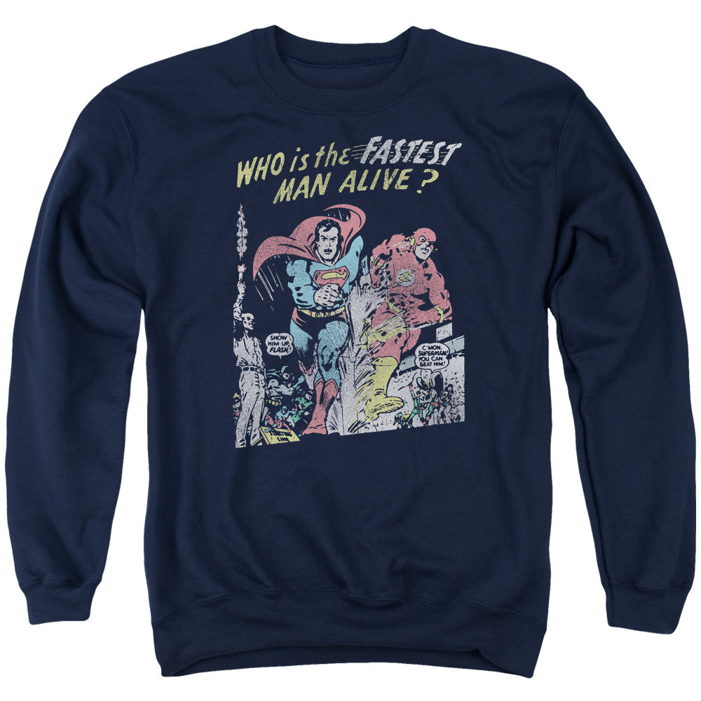 AN OFFCIALLY LICENSED JLA FASTEST MAN ADULT UNISEX CREWNECK SWEATSHIRT NAVY