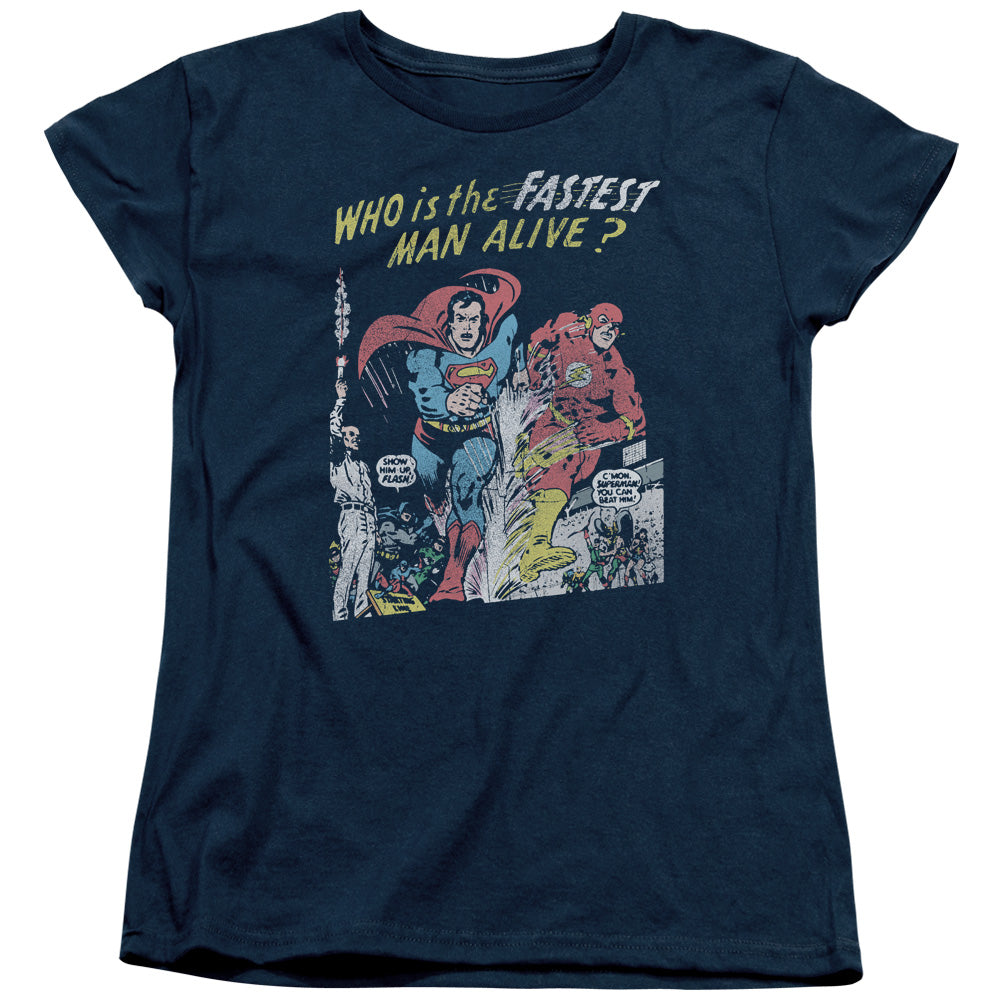 AN OFFCIALLY LICENSED JLA FASTEST MAN WOMEN'S REGULAR FIT T-SHIRT NAVY