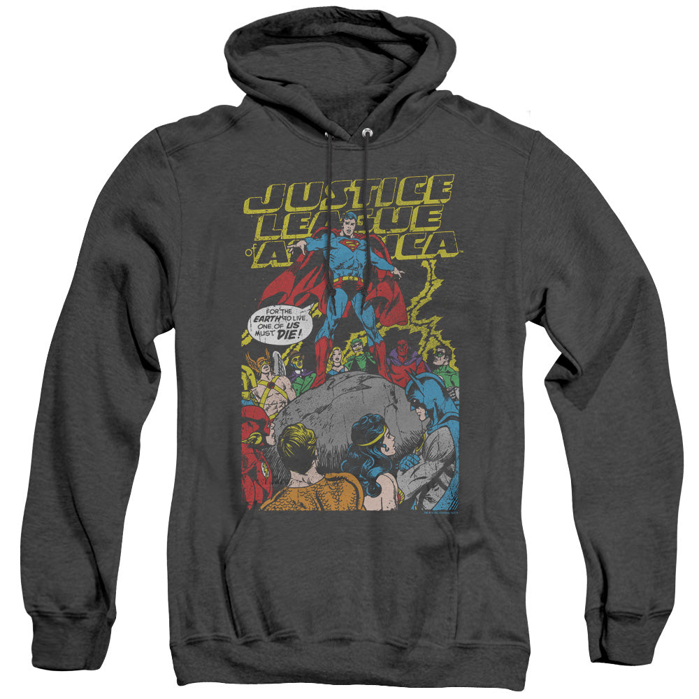AN OFFCIALLY LICENSED JLA ULTIMATE SCARIFICE ADULT UNISEX HEATHER PULLOVER HOODIE BLACK