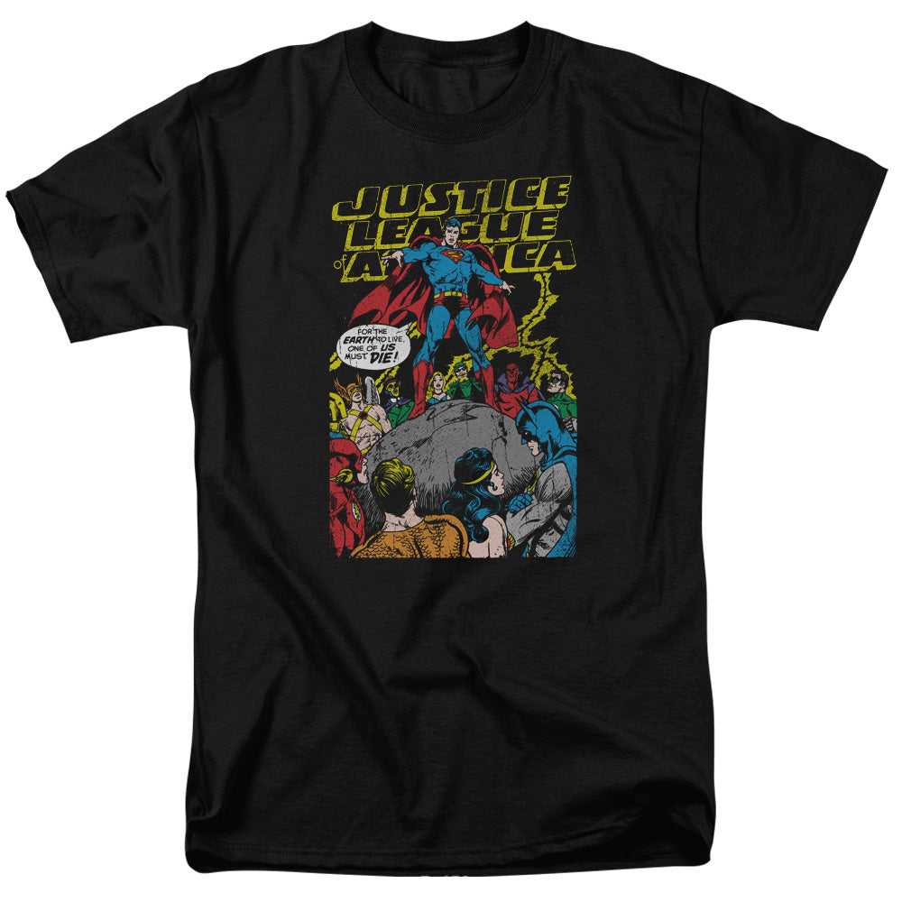 AN OFFCIALLY LICENSED JLA ULTIMATE SCARIFICE MEN'S REGULAR FIT T-SHIRT BLACK
