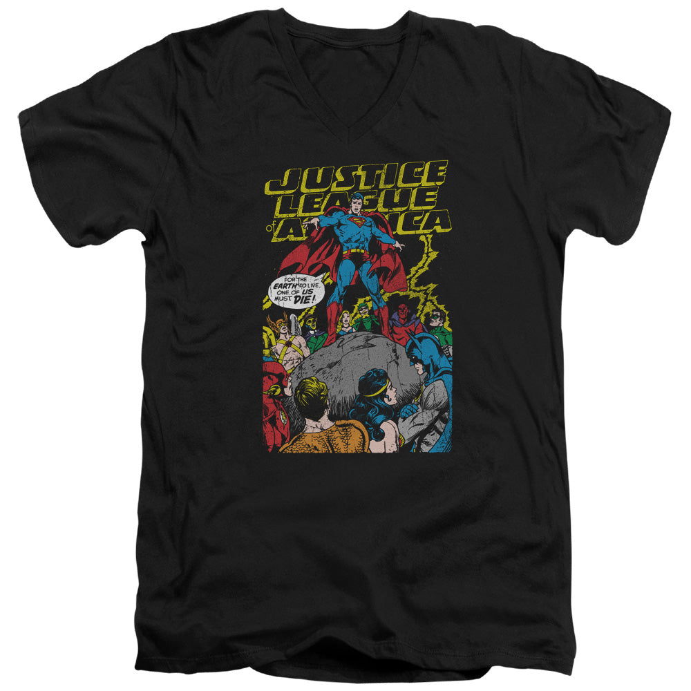 AN OFFCIALLY LICENSED JLA ULTIMATE SCARIFICE MEN'S V-NECK T-SHIRT BLACK