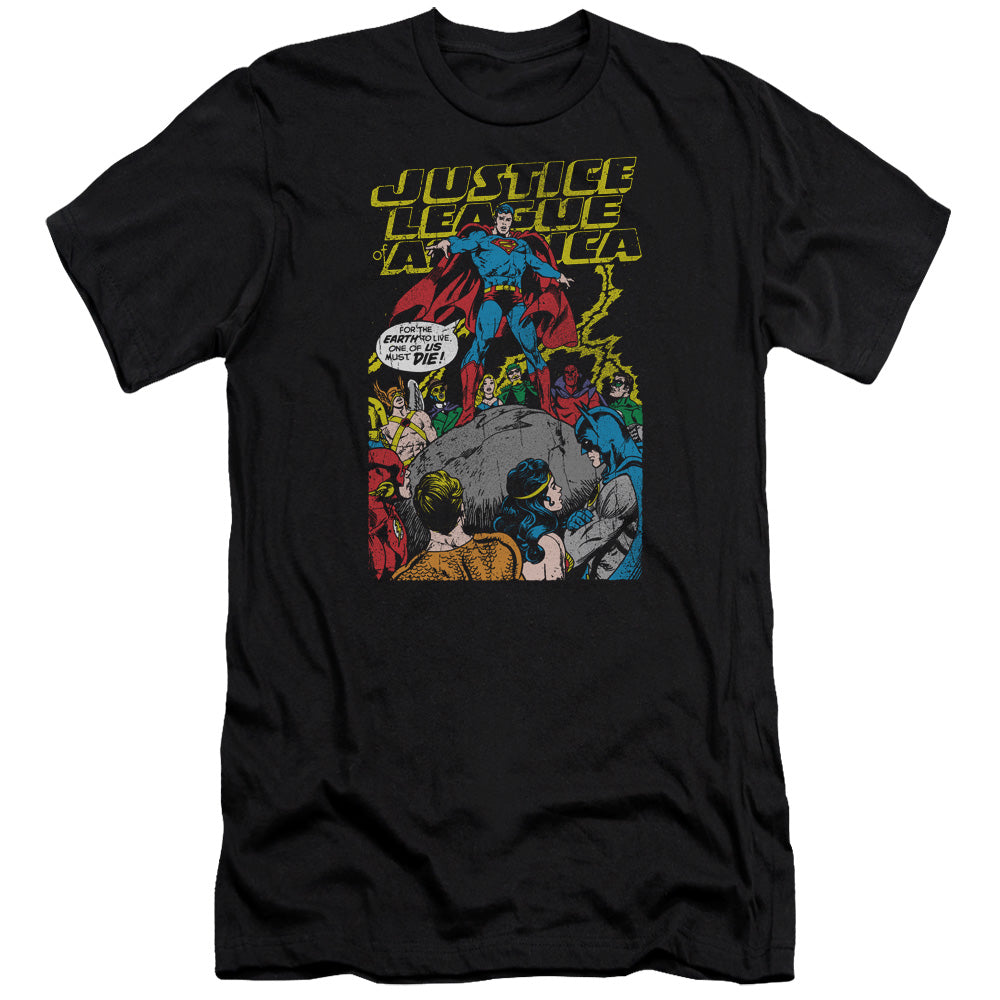 AN OFFCIALLY LICENSED JLA ULTIMATE SCARIFICE MEN'S PREMIUM SLIM FIT T-SHIRT BLACK