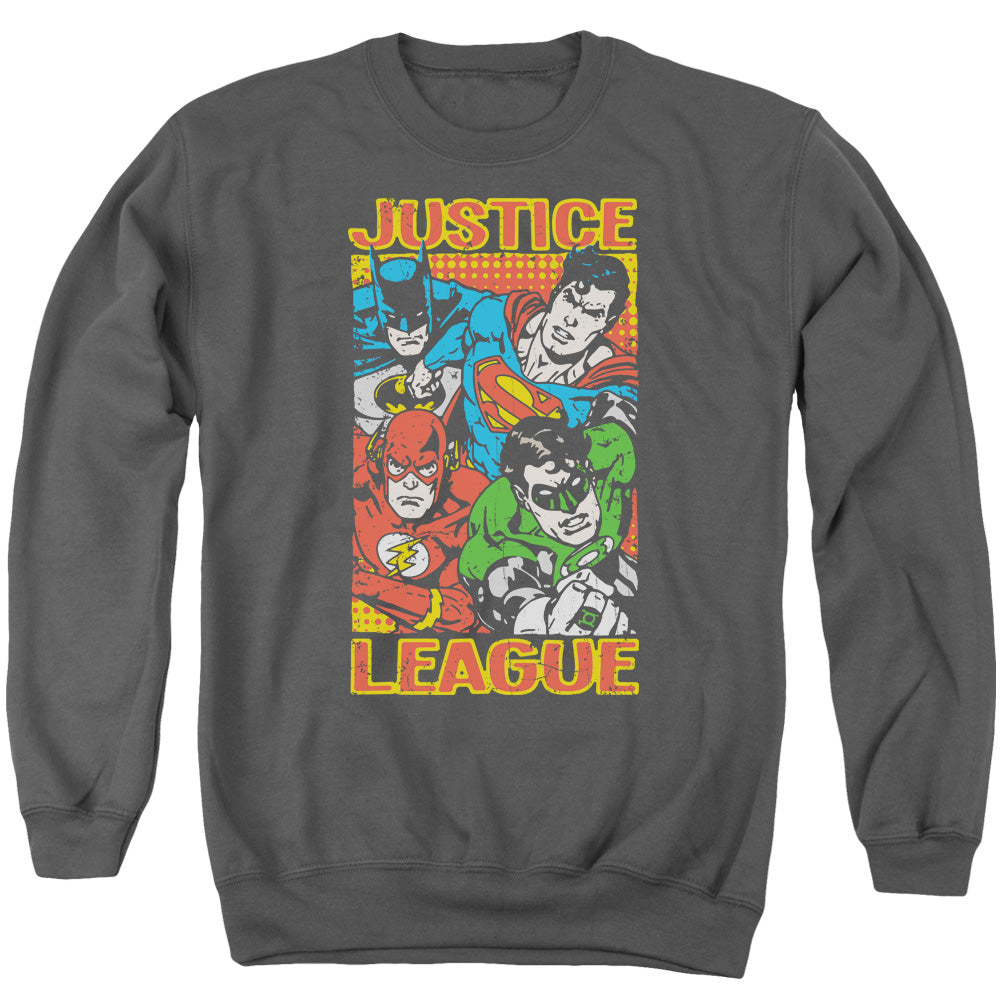 AN OFFCIALLY LICENSED JLA HERO MASHUP ADULT UNISEX CREWNECK SWEATSHIRT CHARCOAL