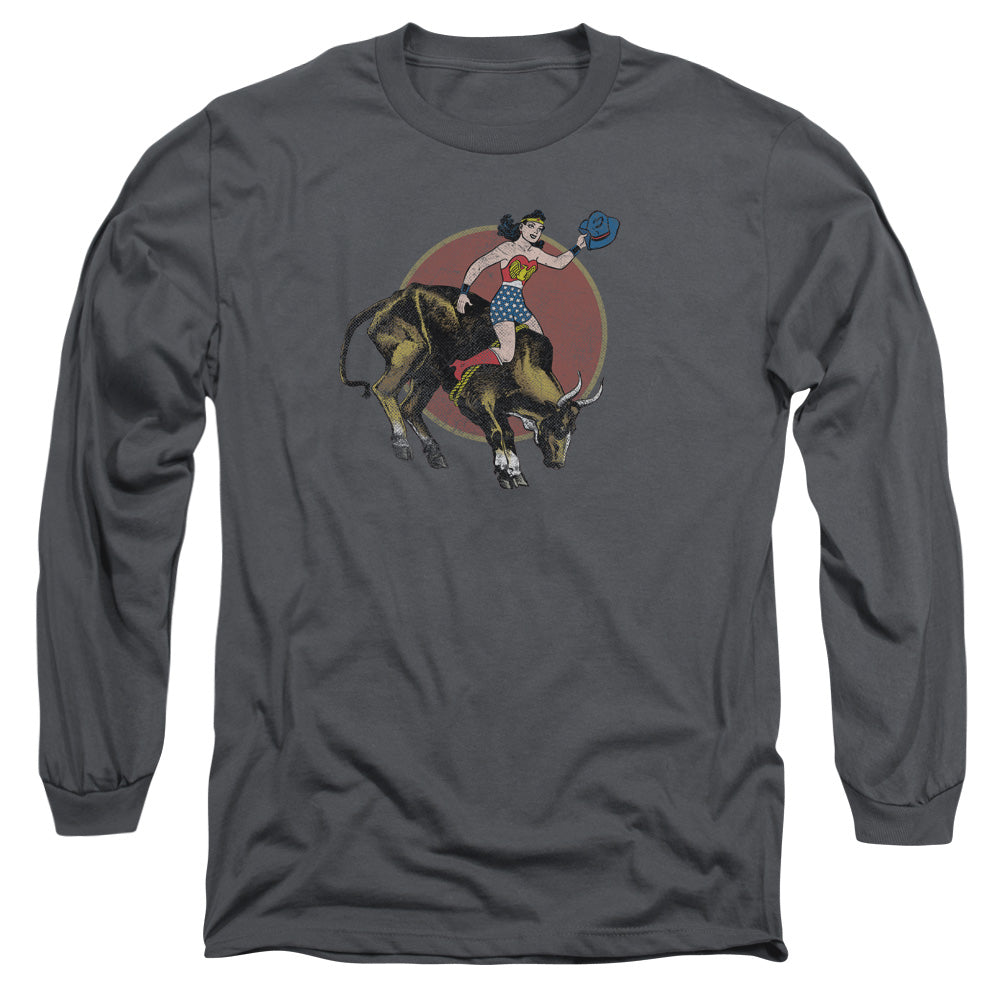 AN OFFCIALLY LICENSED JLA BULL RIDER MEN'S LONG SLEEVE T-SHIRT CHARCOAL