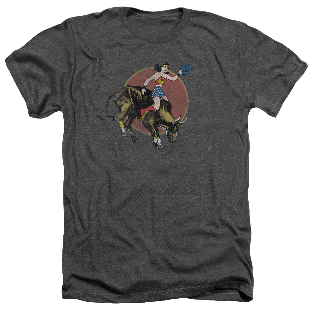 AN OFFCIALLY LICENSED JLA BULL RIDER MEN'S HEATHER T-SHIRT CHARCOAL