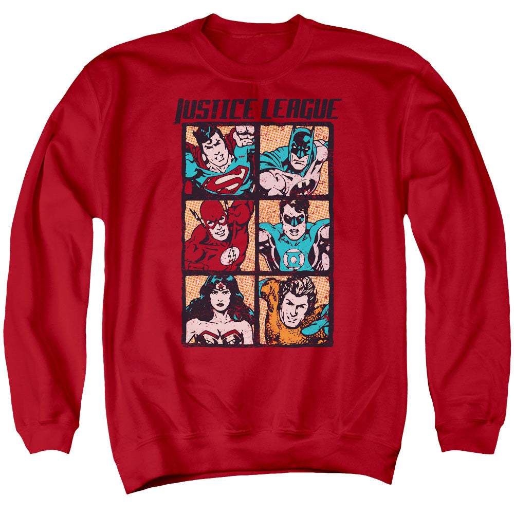 AN OFFCIALLY LICENSED JLA ROUGH PANELS ADULT UNISEX CREWNECK SWEATSHIRT RED