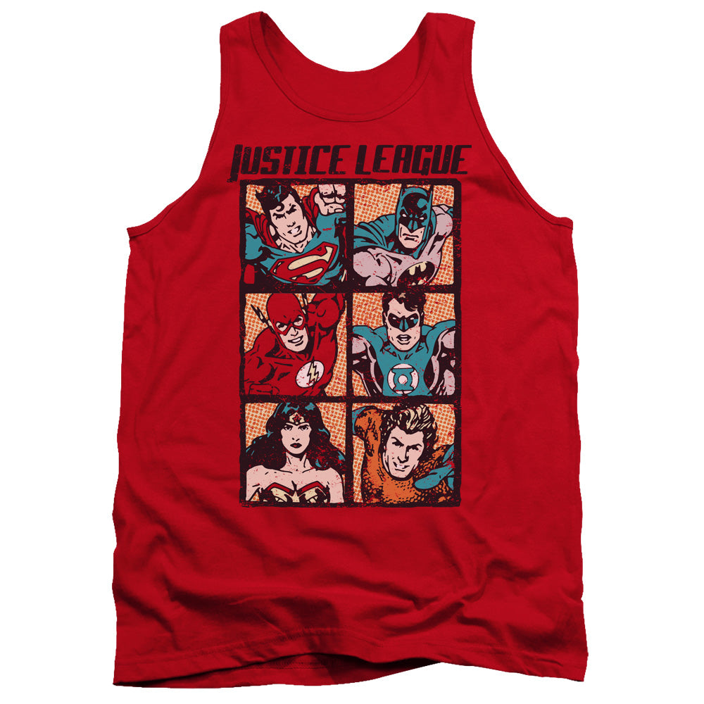 AN OFFCIALLY LICENSED JLA ROUGH PANELS ADULT UNISEX TANK TOP RED